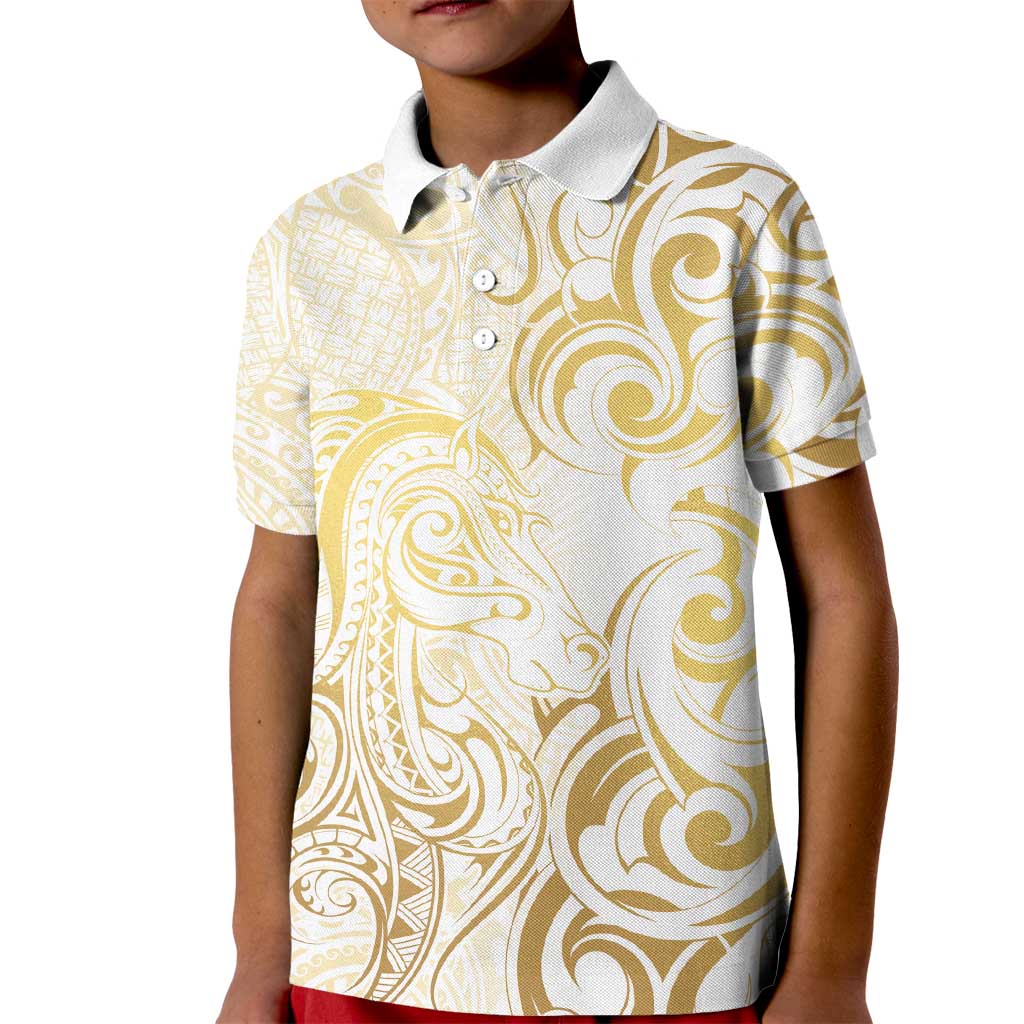 Gold And White Aoteara Horse Racing Kid Polo Shirt NZ Maori Pattern - Vibe Hoodie Shop