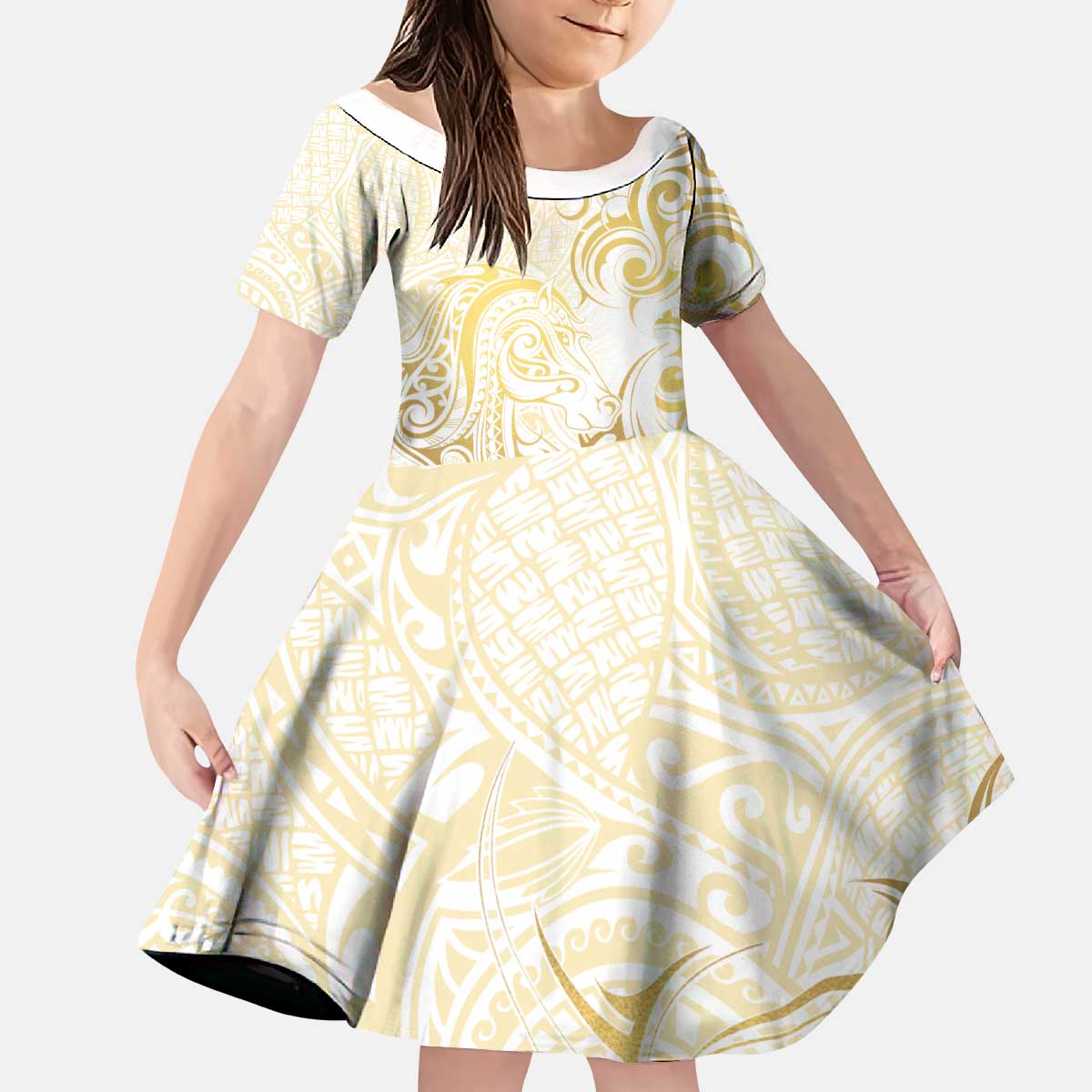 Gold And White Aoteara Horse Racing Kid Short Sleeve Dress NZ Maori Pattern - Vibe Hoodie Shop