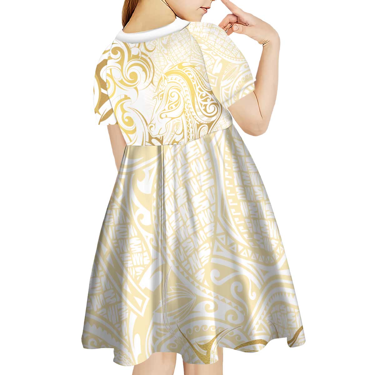 Gold And White Aoteara Horse Racing Kid Short Sleeve Dress NZ Maori Pattern - Vibe Hoodie Shop