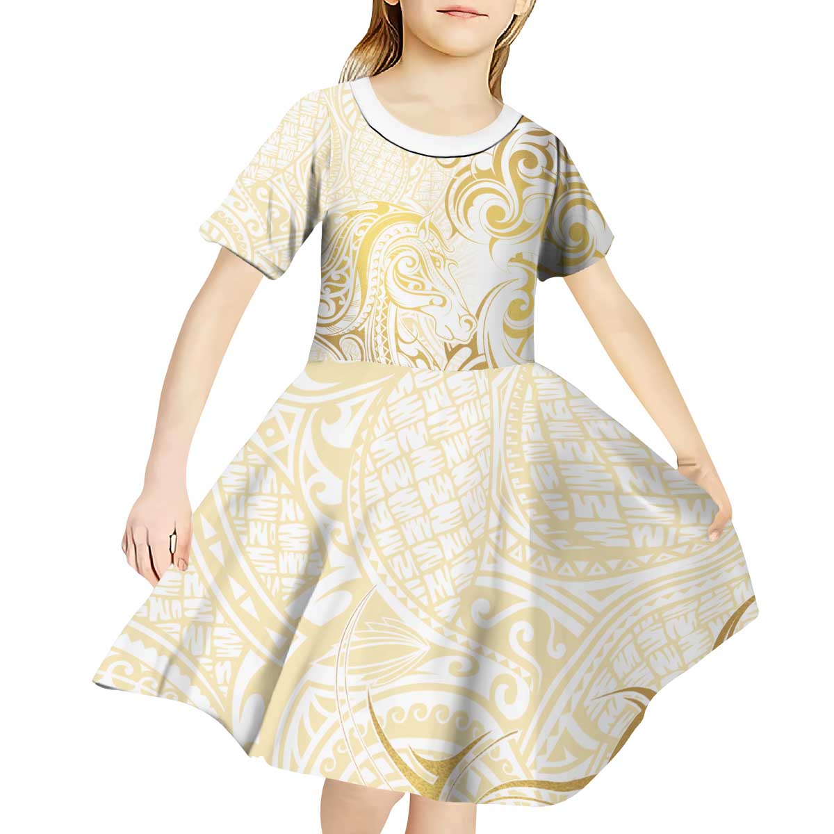 Gold And White Aoteara Horse Racing Kid Short Sleeve Dress NZ Maori Pattern - Vibe Hoodie Shop