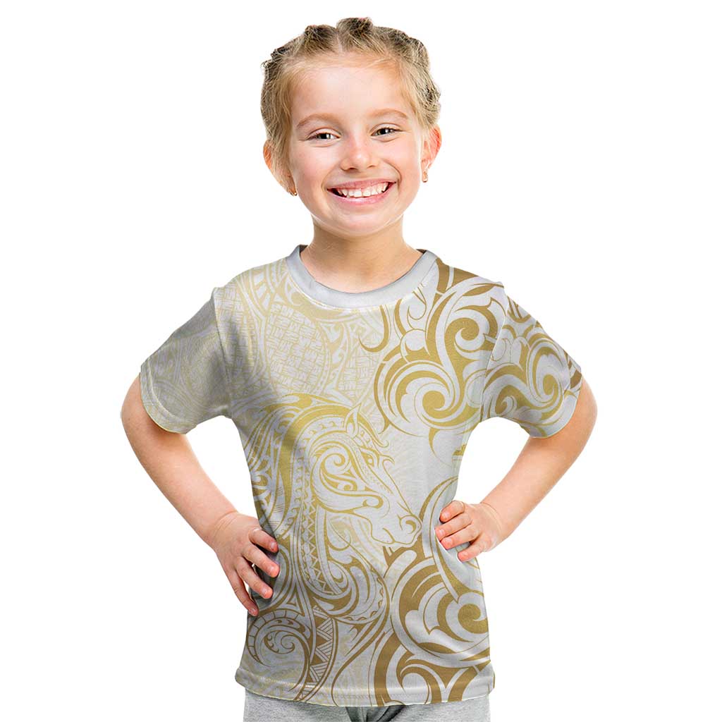 Gold And White Aoteara Horse Racing Kid T Shirt NZ Maori Pattern - Vibe Hoodie Shop