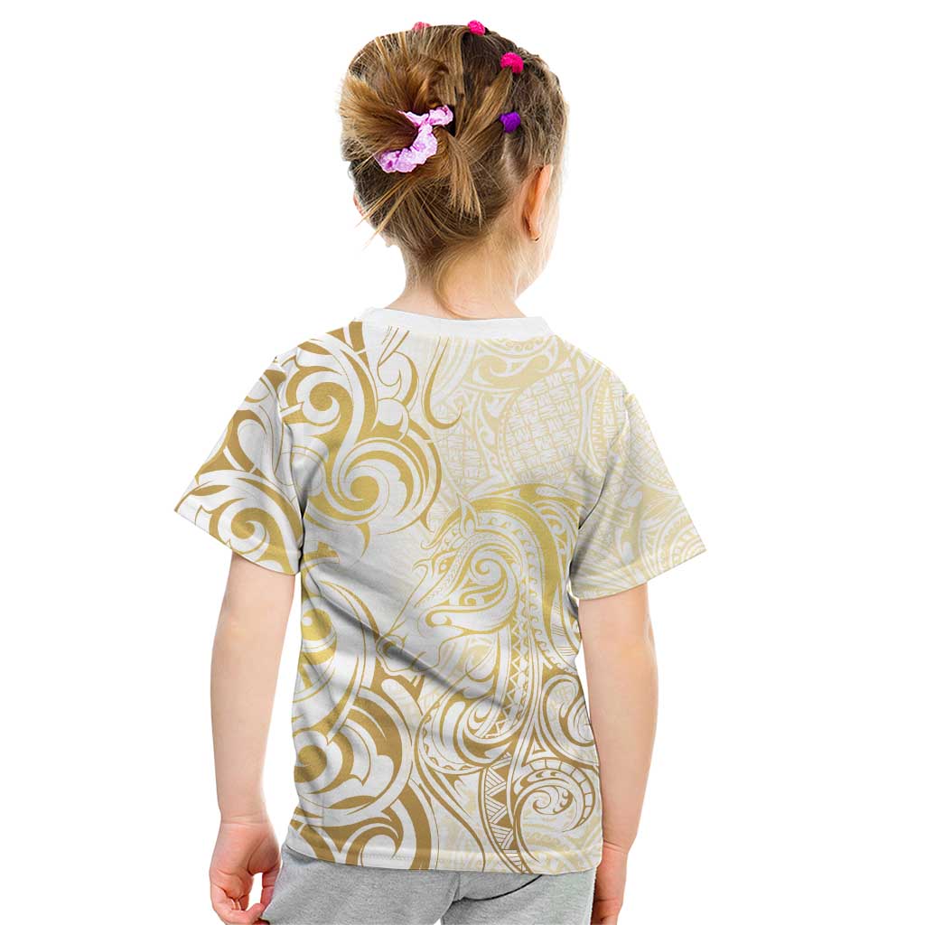 Gold And White Aoteara Horse Racing Kid T Shirt NZ Maori Pattern - Vibe Hoodie Shop