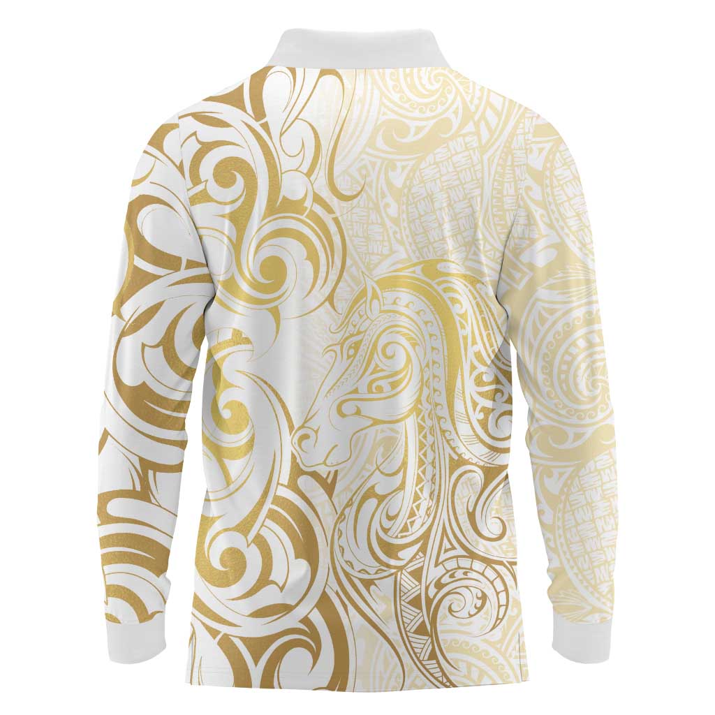 Gold And White Aoteara Horse Racing Long Sleeve Polo Shirt NZ Maori Pattern