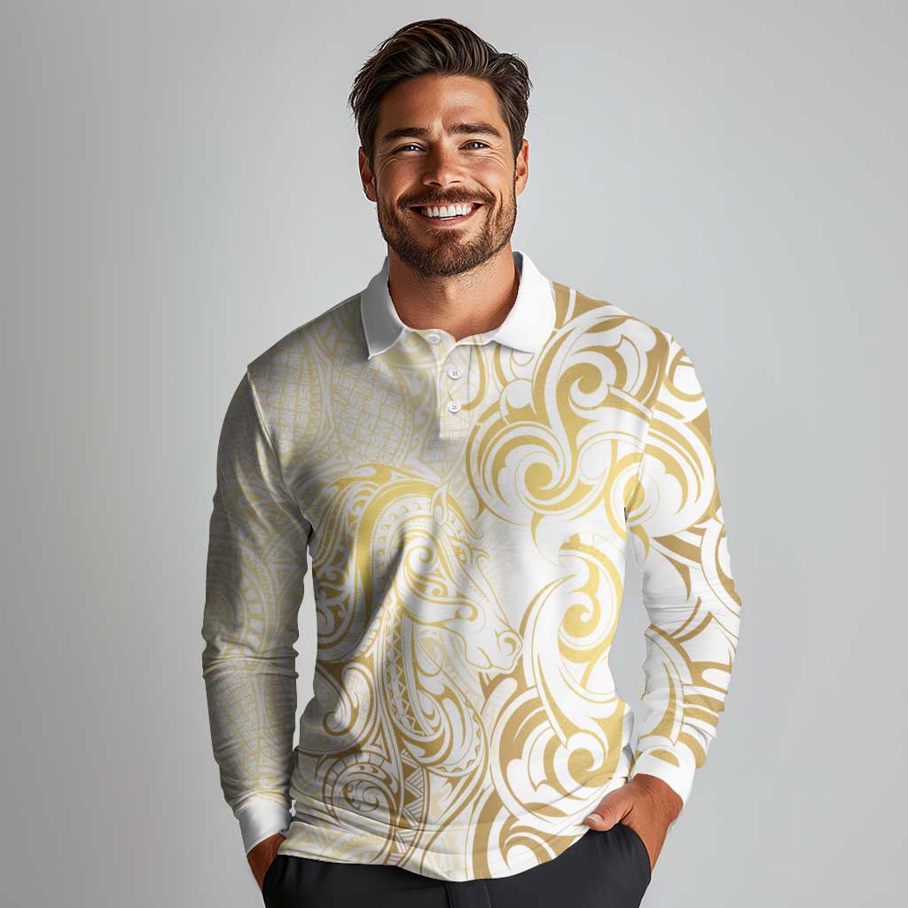 Gold And White Aoteara Horse Racing Long Sleeve Polo Shirt NZ Maori Pattern