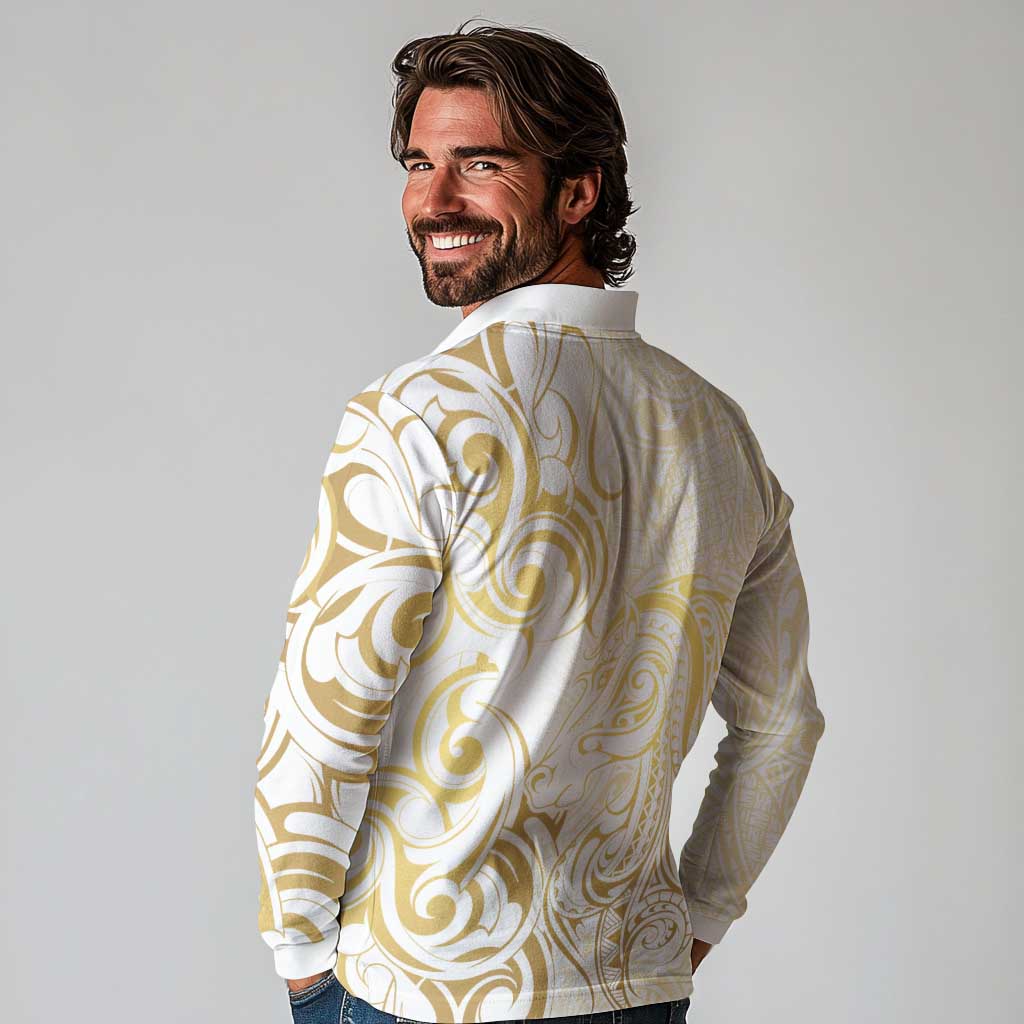 Gold And White Aoteara Horse Racing Long Sleeve Polo Shirt NZ Maori Pattern