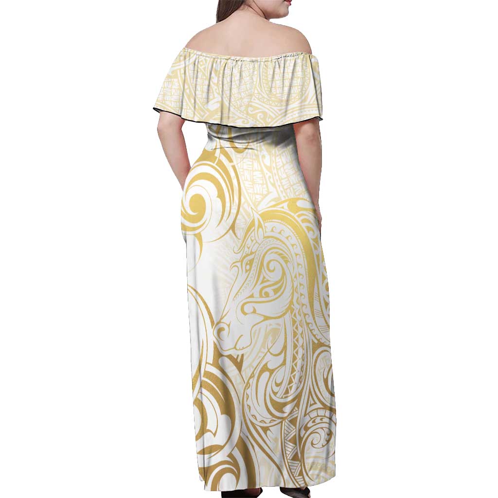 Gold And White Aoteara Horse Racing Off Shoulder Maxi Dress NZ Maori Pattern