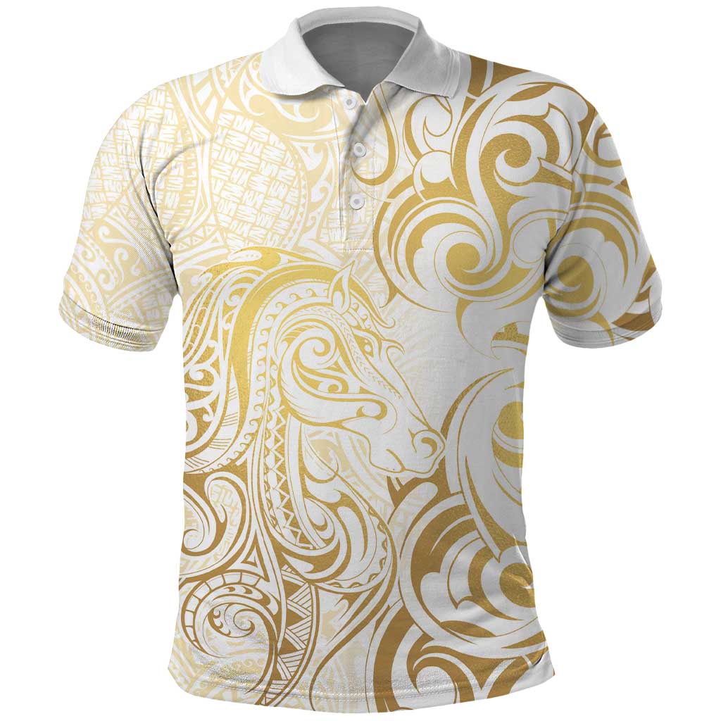 Gold And White Aoteara Horse Racing Polo Shirt NZ Maori Pattern - Vibe Hoodie Shop