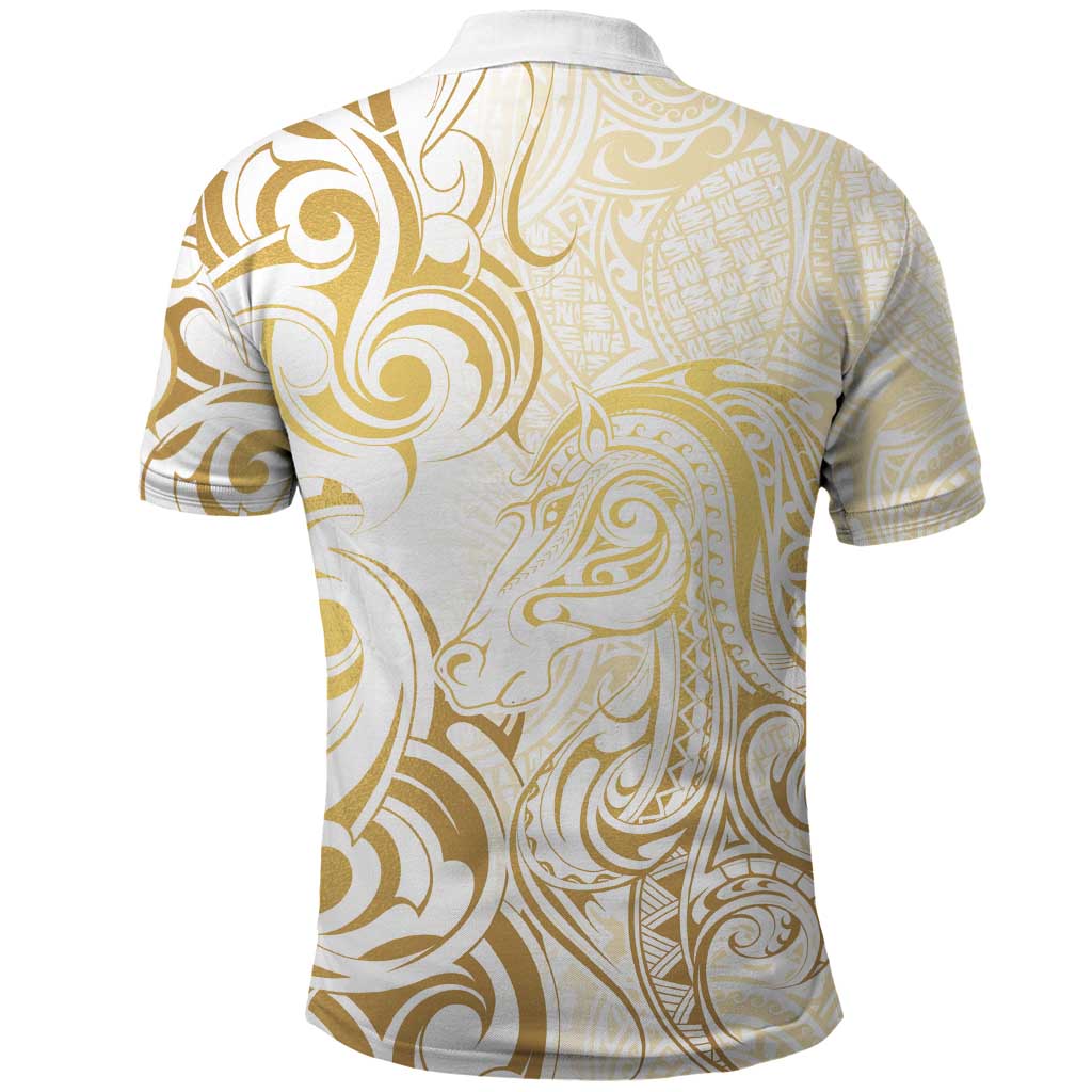 Gold And White Aoteara Horse Racing Polo Shirt NZ Maori Pattern - Vibe Hoodie Shop