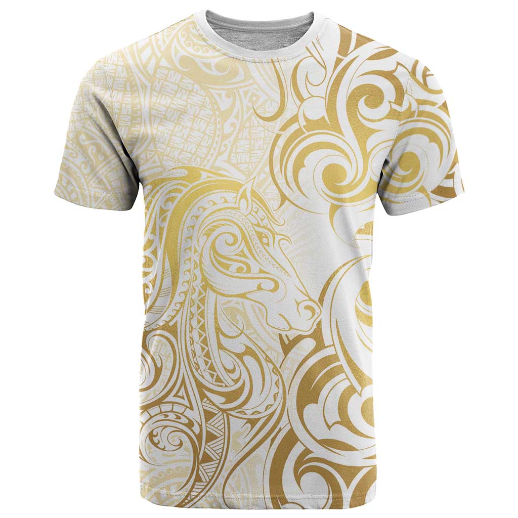 Gold And White Aoteara Horse Racing T Shirt NZ Maori Pattern - Vibe Hoodie Shop