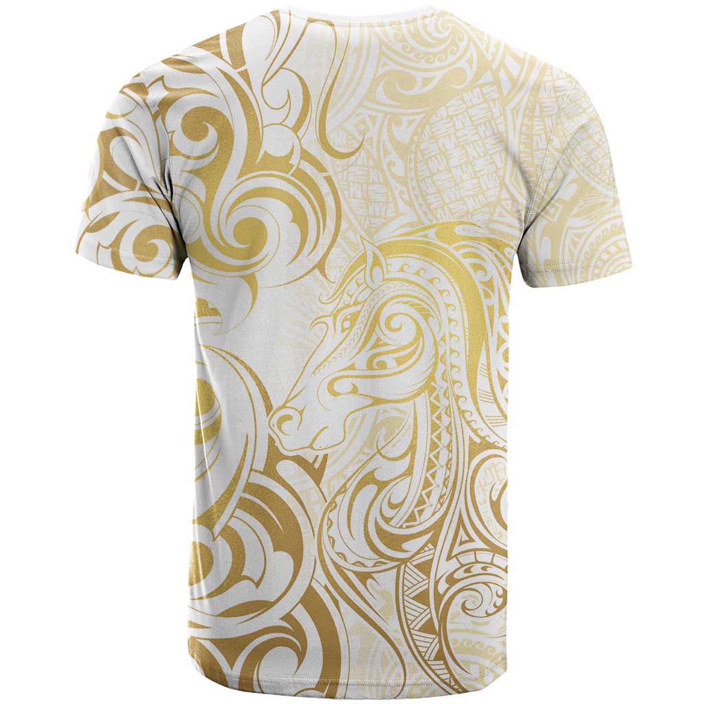 Gold And White Aoteara Horse Racing T Shirt NZ Maori Pattern - Vibe Hoodie Shop