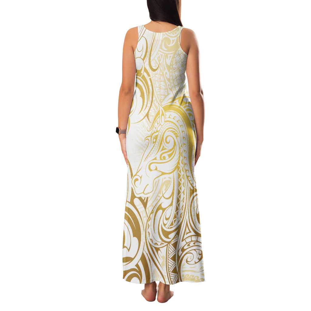 Gold And White Aoteara Horse Racing Tank Maxi Dress NZ Maori Pattern