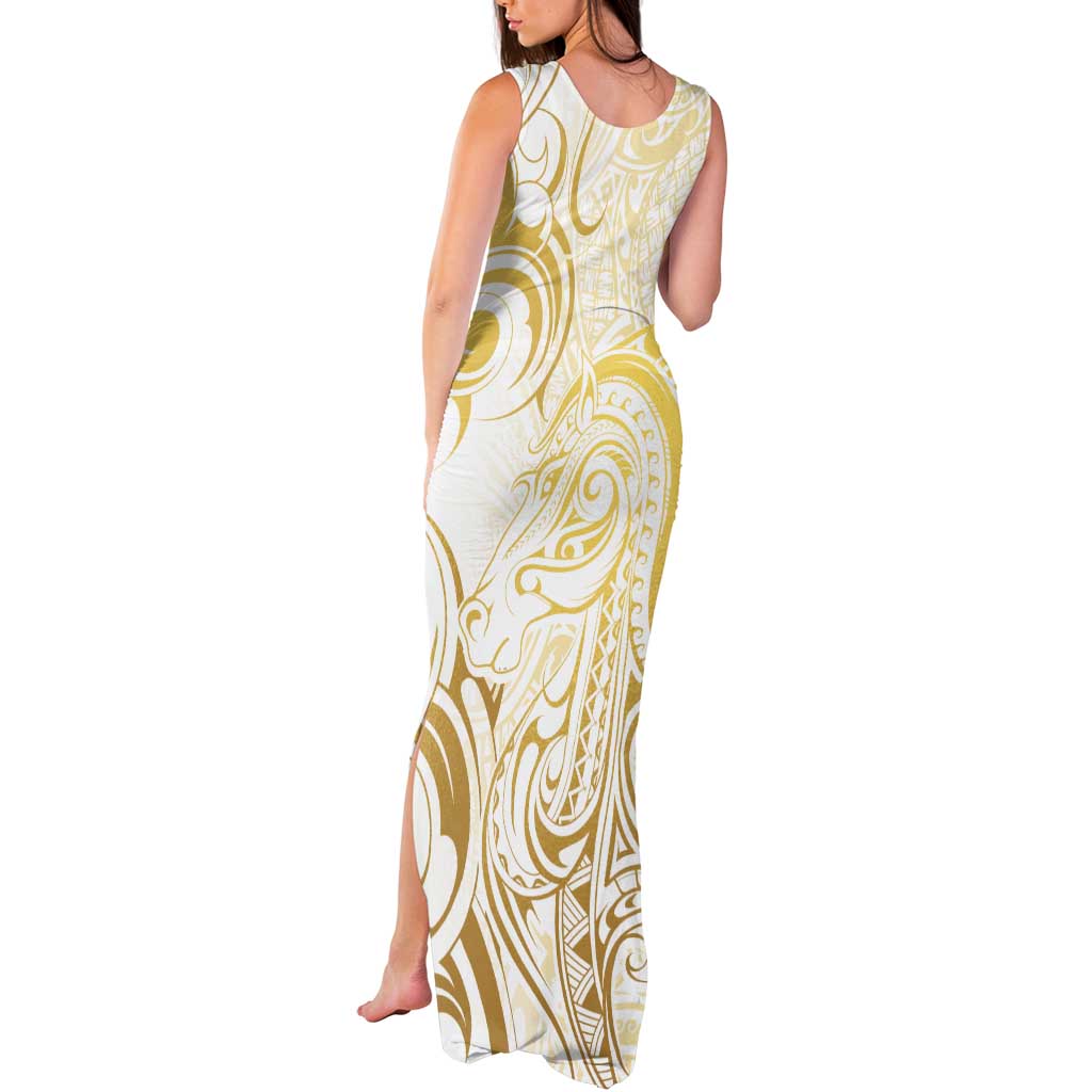 Gold And White Aoteara Horse Racing Tank Maxi Dress NZ Maori Pattern