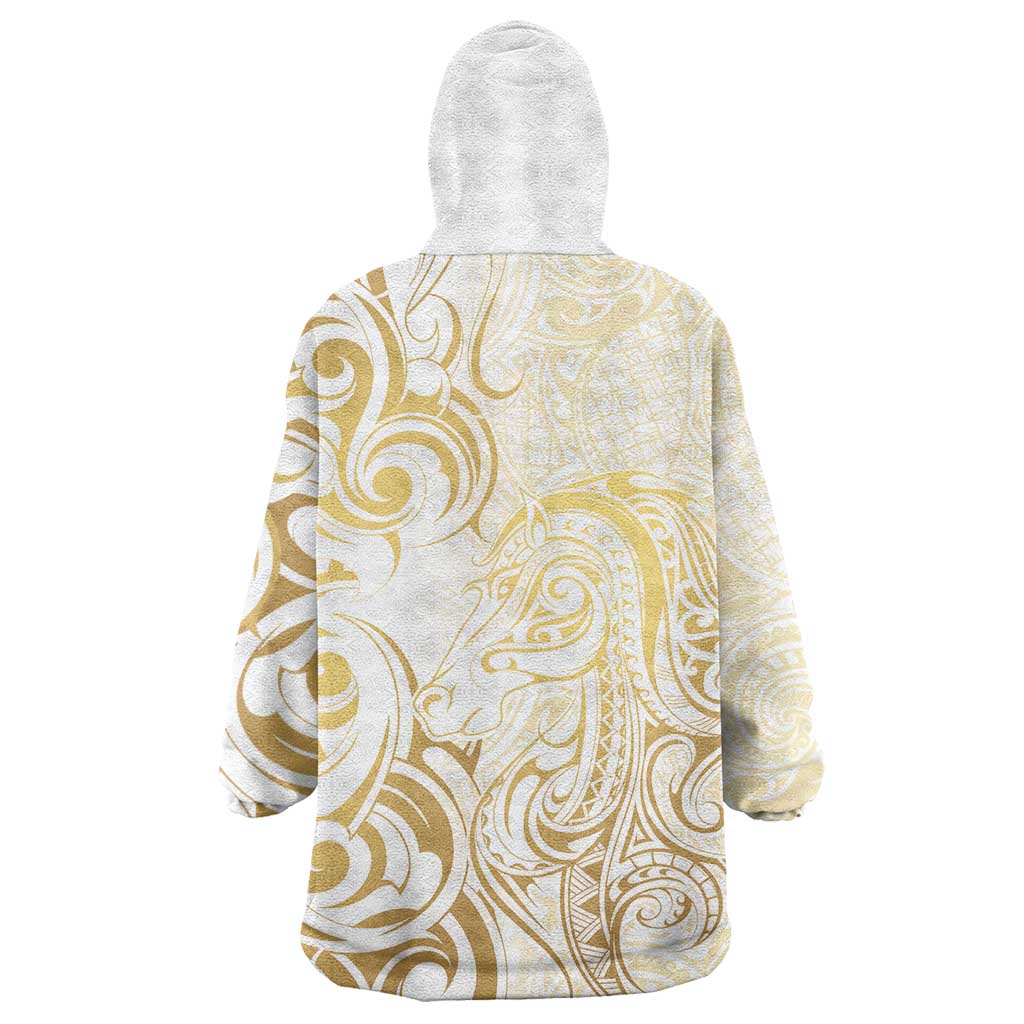 Gold And White Aoteara Horse Racing Wearable Blanket Hoodie NZ Maori Pattern - Vibe Hoodie Shop