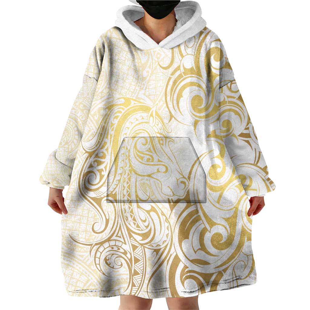 Gold And White Aoteara Horse Racing Wearable Blanket Hoodie NZ Maori Pattern - Vibe Hoodie Shop