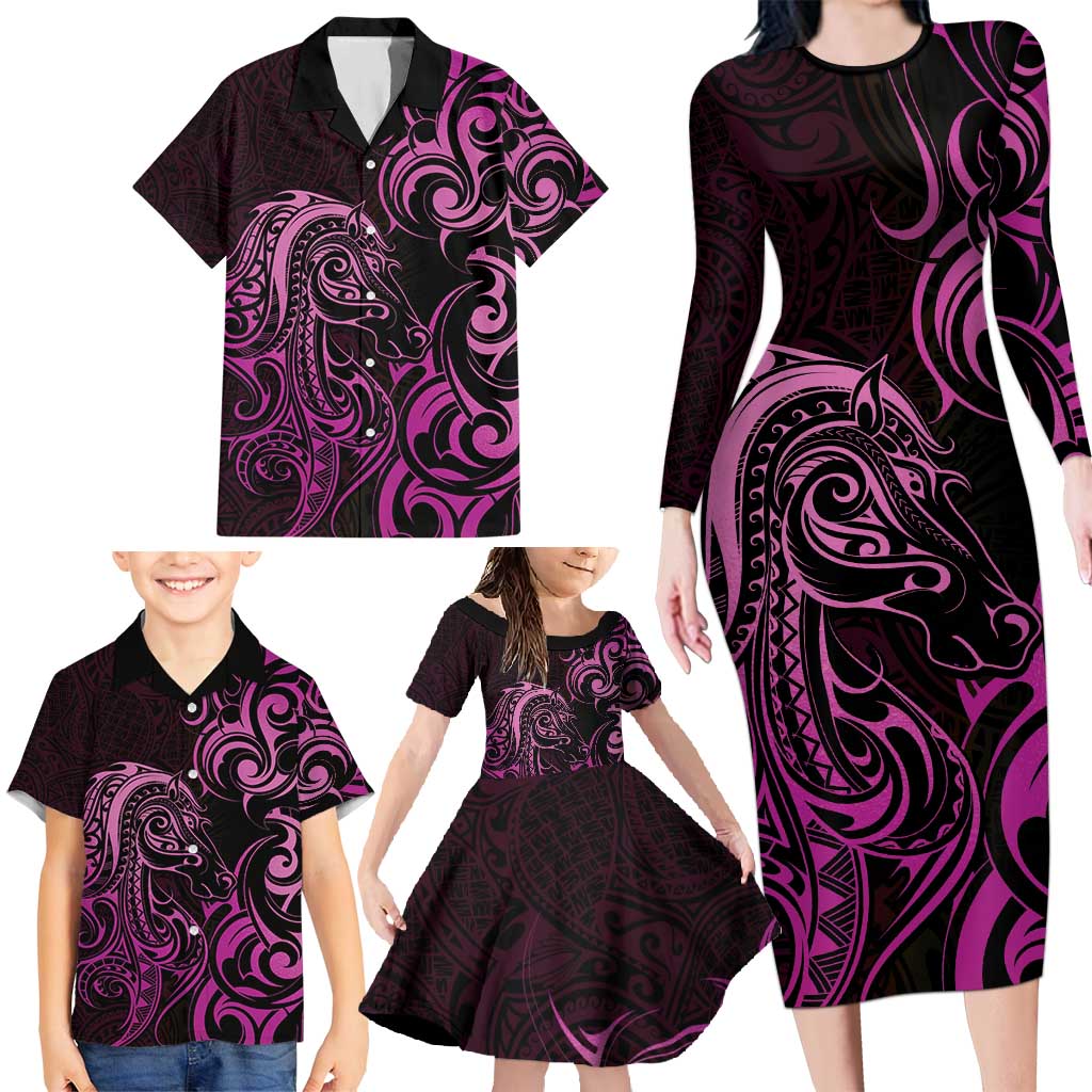 Pink Aoteara Horse Racing Family Matching Long Sleeve Bodycon Dress and Hawaiian Shirt NZ Maori Pattern