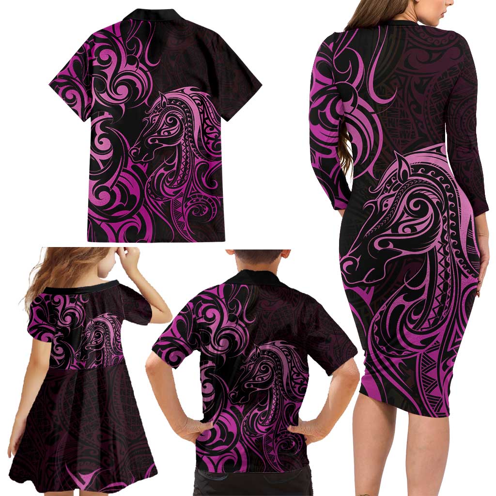 Pink Aoteara Horse Racing Family Matching Long Sleeve Bodycon Dress and Hawaiian Shirt NZ Maori Pattern