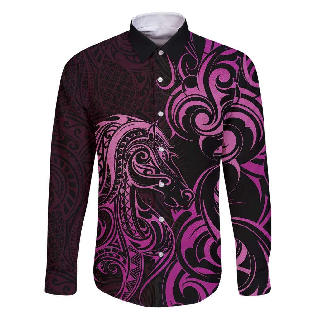 Pink Aoteara Horse Racing Family Matching Long Sleeve Bodycon Dress and Hawaiian Shirt NZ Maori Pattern