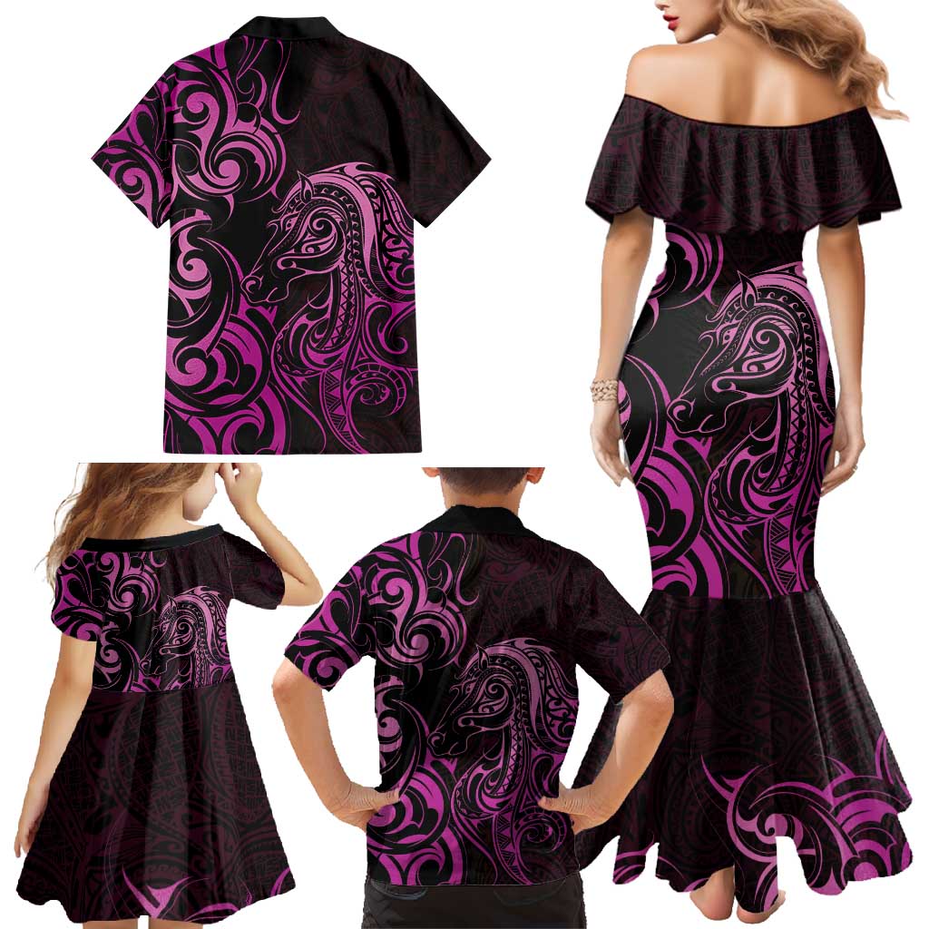 Pink Aoteara Horse Racing Family Matching Mermaid Dress and Hawaiian Shirt NZ Maori Pattern