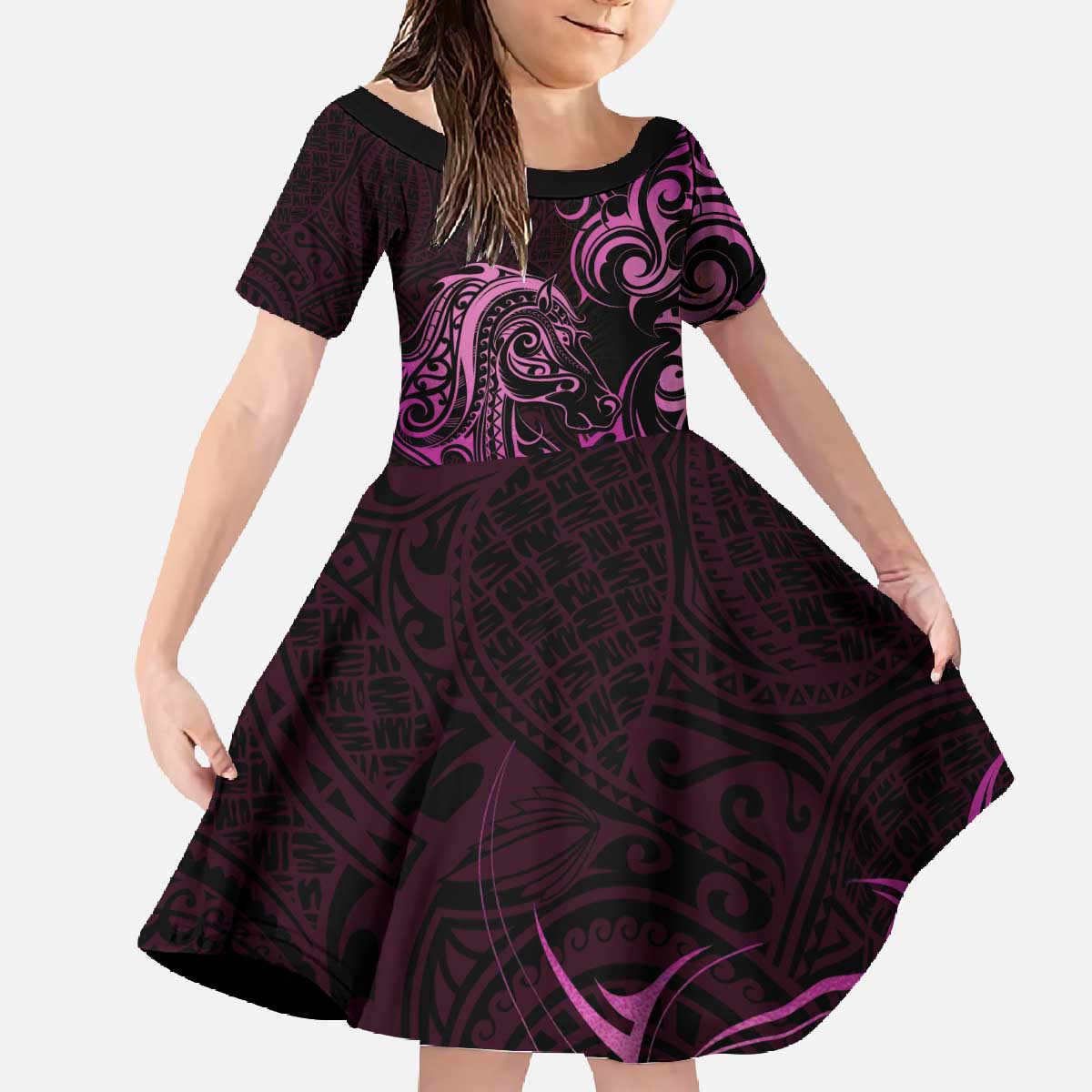 Pink Aoteara Horse Racing Family Matching Off The Shoulder Long Sleeve Dress and Hawaiian Shirt NZ Maori Pattern