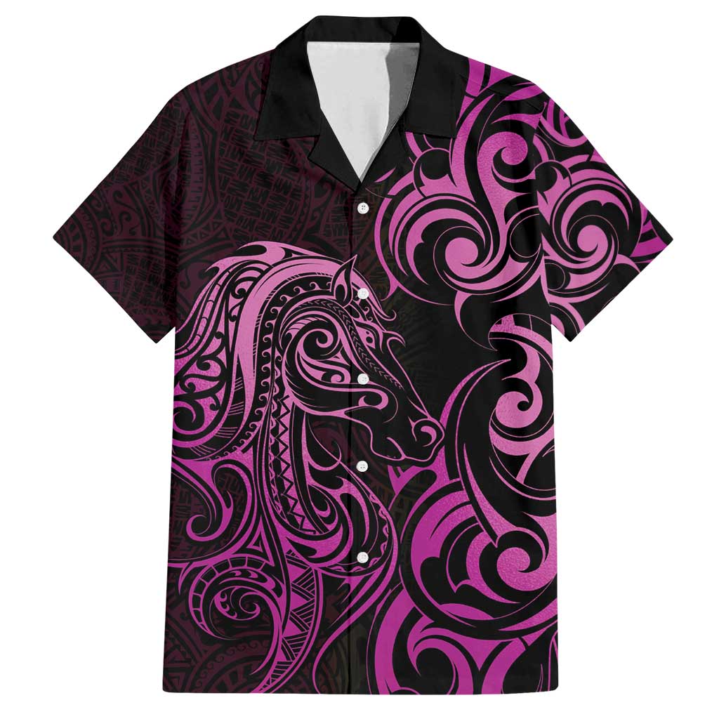 Pink Aoteara Horse Racing Family Matching Off Shoulder Maxi Dress and Hawaiian Shirt NZ Maori Pattern