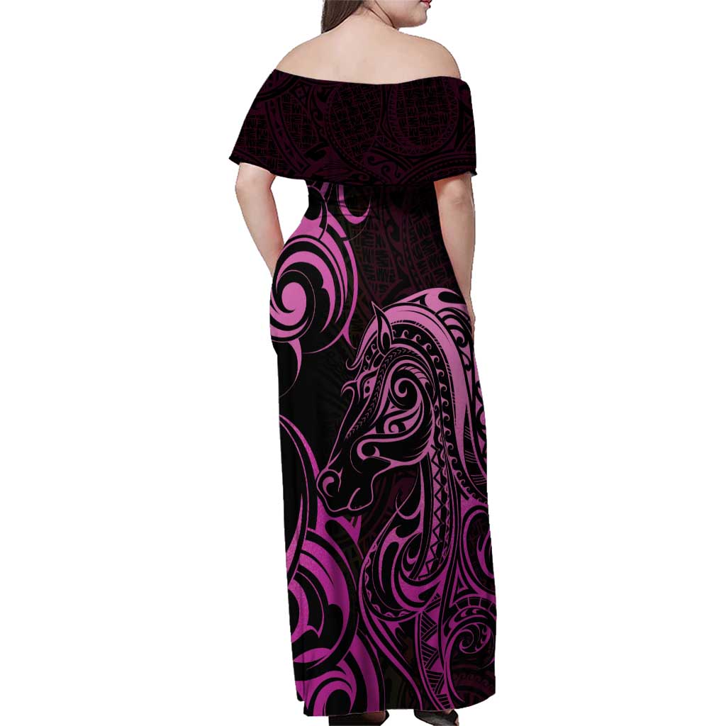 Pink Aoteara Horse Racing Family Matching Off Shoulder Maxi Dress and Hawaiian Shirt NZ Maori Pattern