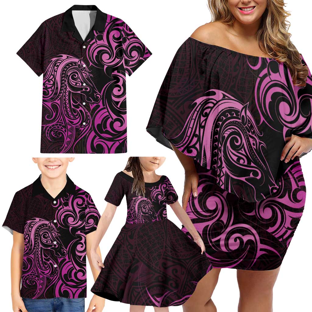 Pink Aoteara Horse Racing Family Matching Off Shoulder Short Dress and Hawaiian Shirt NZ Maori Pattern