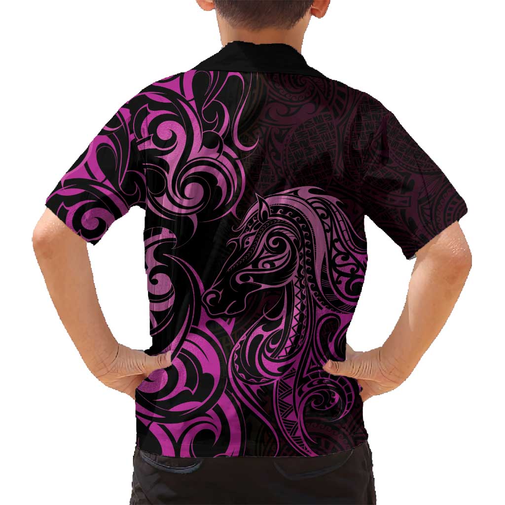 Pink Aoteara Horse Racing Family Matching Off Shoulder Short Dress and Hawaiian Shirt NZ Maori Pattern