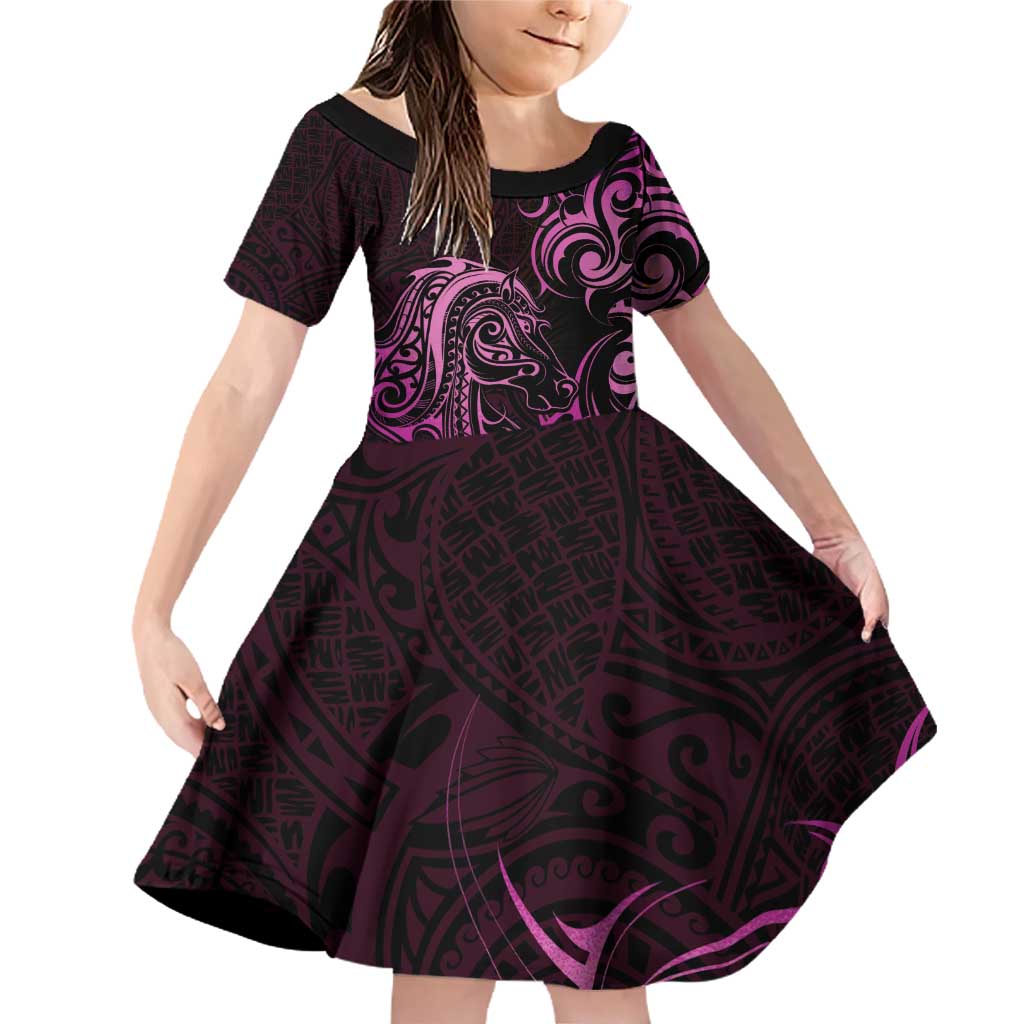 Pink Aoteara Horse Racing Family Matching Off Shoulder Short Dress and Hawaiian Shirt NZ Maori Pattern