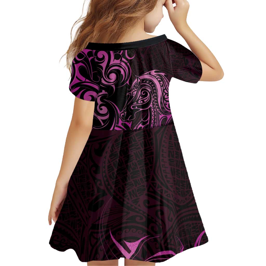 Pink Aoteara Horse Racing Family Matching Off Shoulder Short Dress and Hawaiian Shirt NZ Maori Pattern