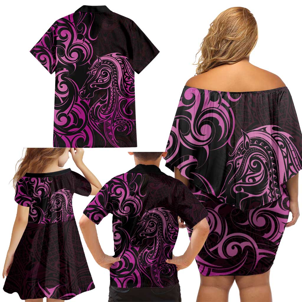 Pink Aoteara Horse Racing Family Matching Off Shoulder Short Dress and Hawaiian Shirt NZ Maori Pattern