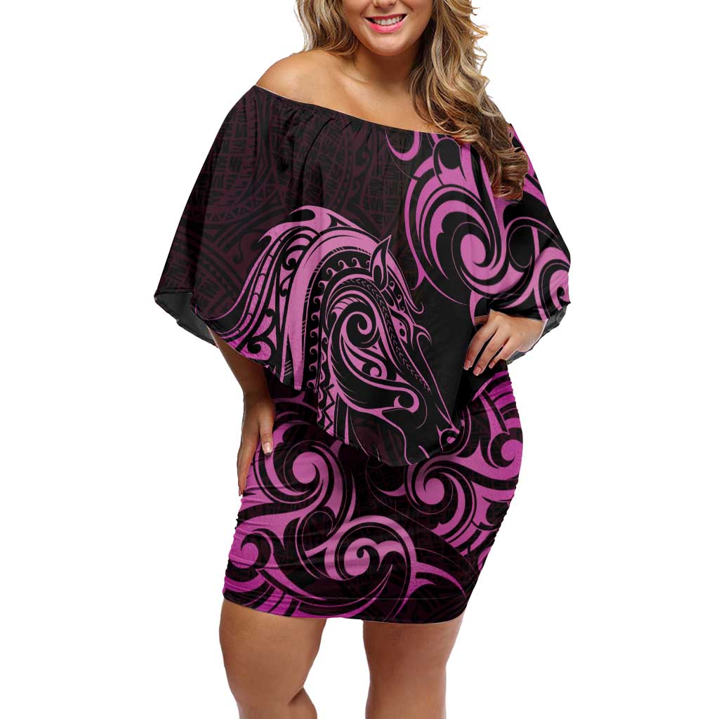 Pink Aoteara Horse Racing Family Matching Off Shoulder Short Dress and Hawaiian Shirt NZ Maori Pattern