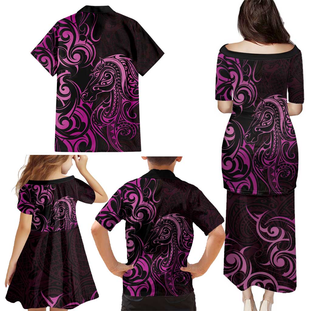 Pink Aoteara Horse Racing Family Matching Puletasi and Hawaiian Shirt NZ Maori Pattern