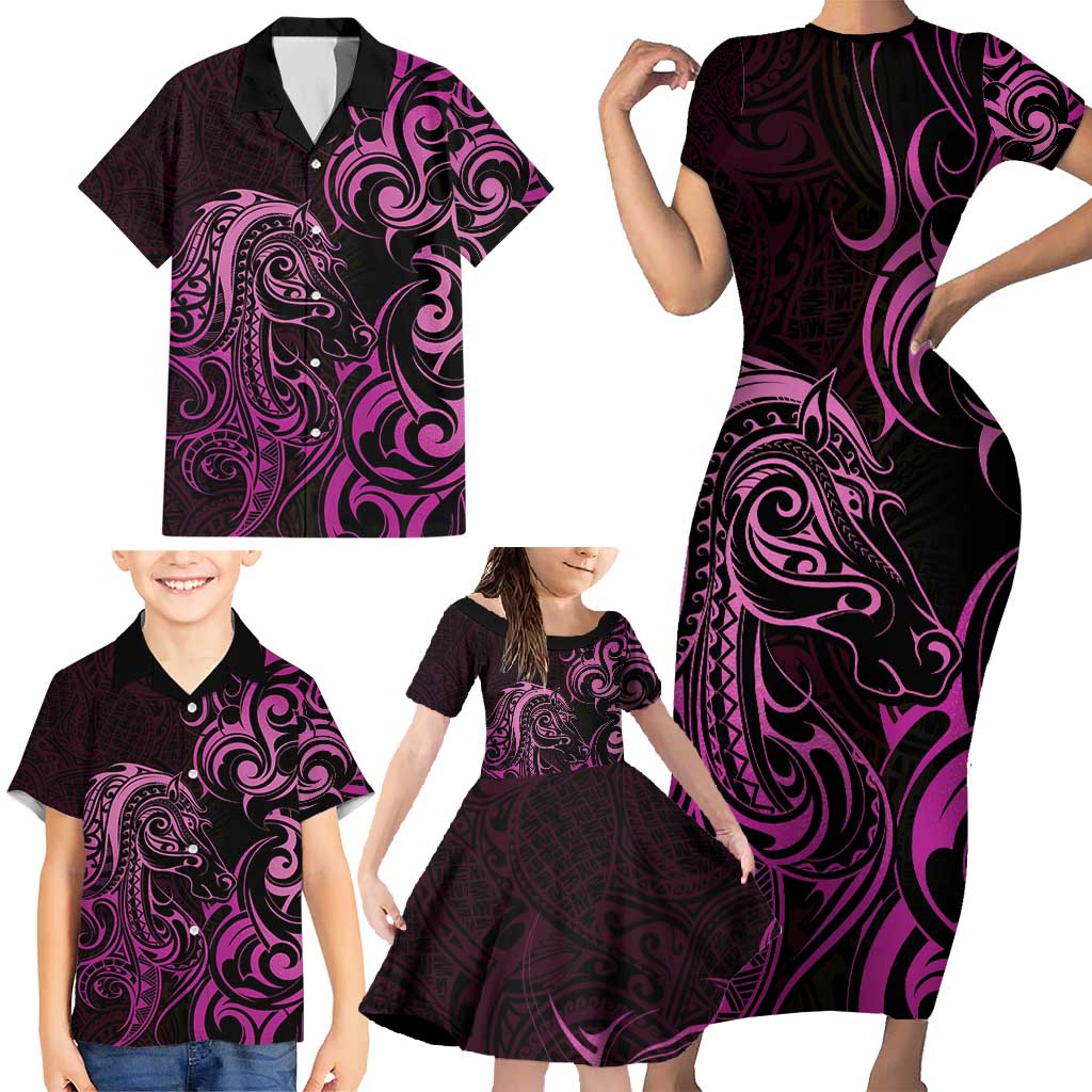 Pink Aoteara Horse Racing Family Matching Short Sleeve Bodycon Dress and Hawaiian Shirt NZ Maori Pattern