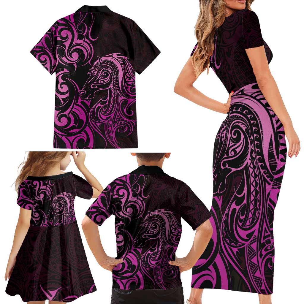 Pink Aoteara Horse Racing Family Matching Short Sleeve Bodycon Dress and Hawaiian Shirt NZ Maori Pattern