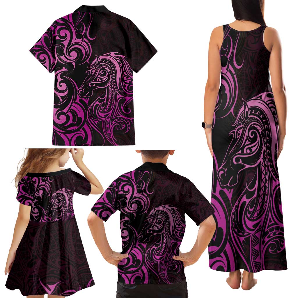 Pink Aoteara Horse Racing Family Matching Tank Maxi Dress and Hawaiian Shirt NZ Maori Pattern