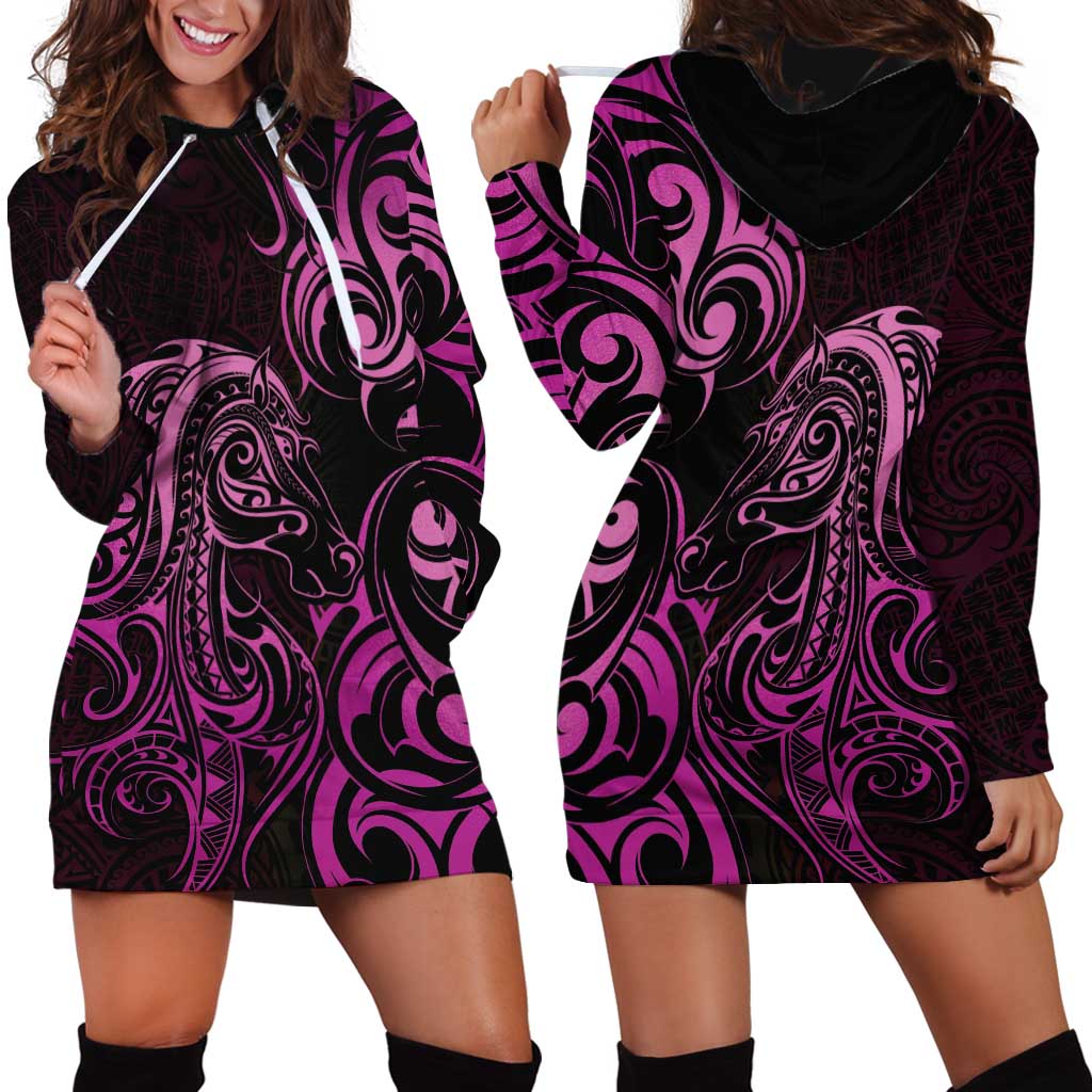 Pink Aoteara Horse Racing Hoodie Dress NZ Maori Pattern - Vibe Hoodie Shop