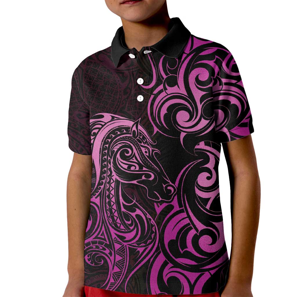 Pink Aoteara Horse Racing Kid Polo Shirt NZ Maori Pattern - Vibe Hoodie Shop