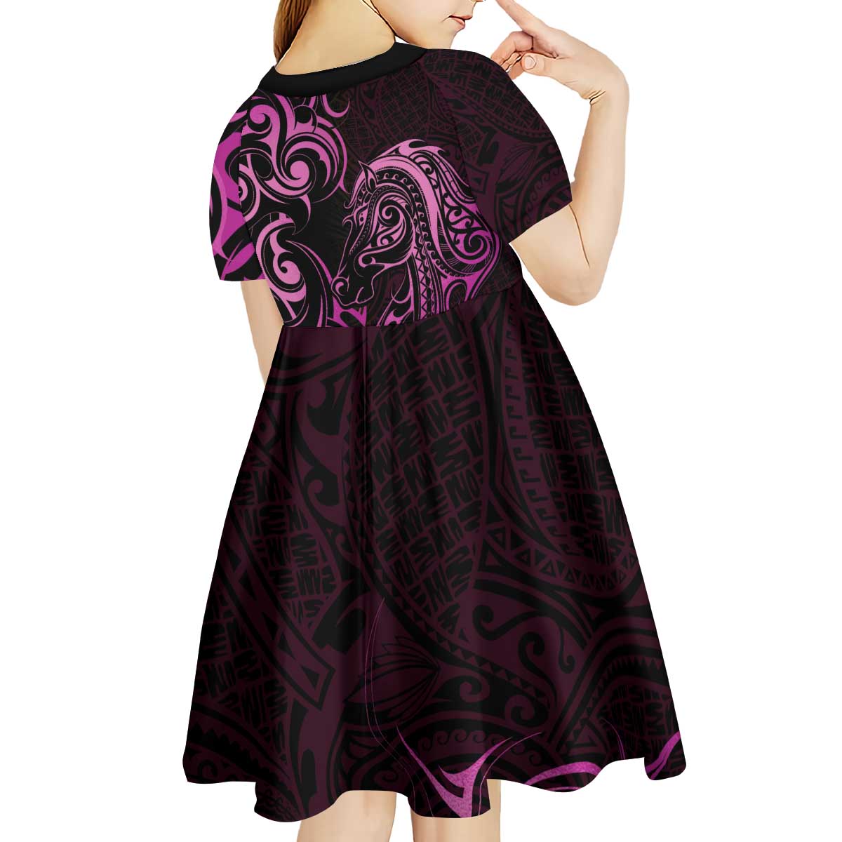 Pink Aoteara Horse Racing Kid Short Sleeve Dress NZ Maori Pattern - Vibe Hoodie Shop