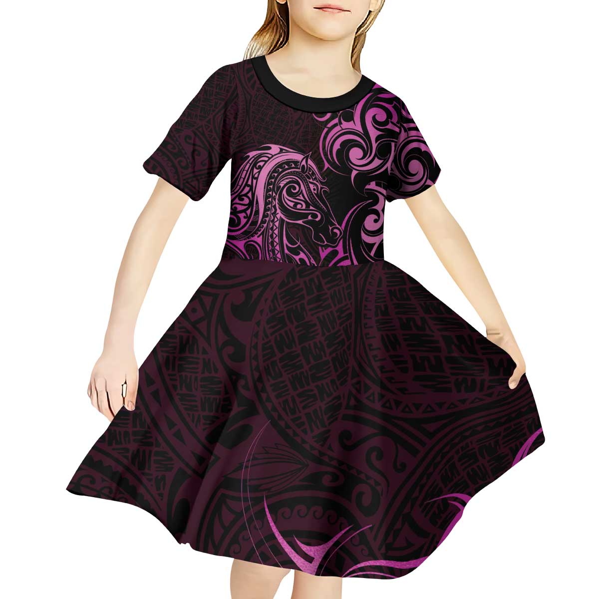 Pink Aoteara Horse Racing Kid Short Sleeve Dress NZ Maori Pattern - Vibe Hoodie Shop