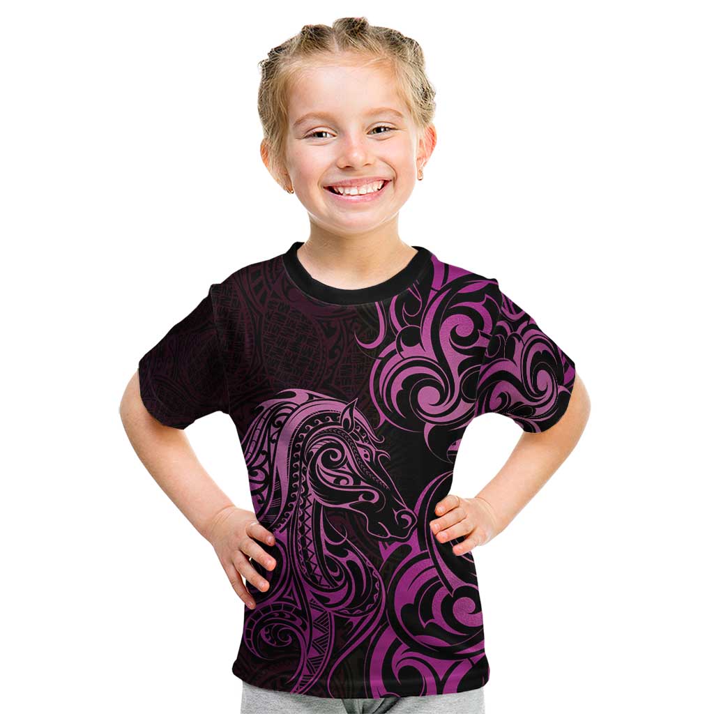 Pink Aoteara Horse Racing Kid T Shirt NZ Maori Pattern - Vibe Hoodie Shop