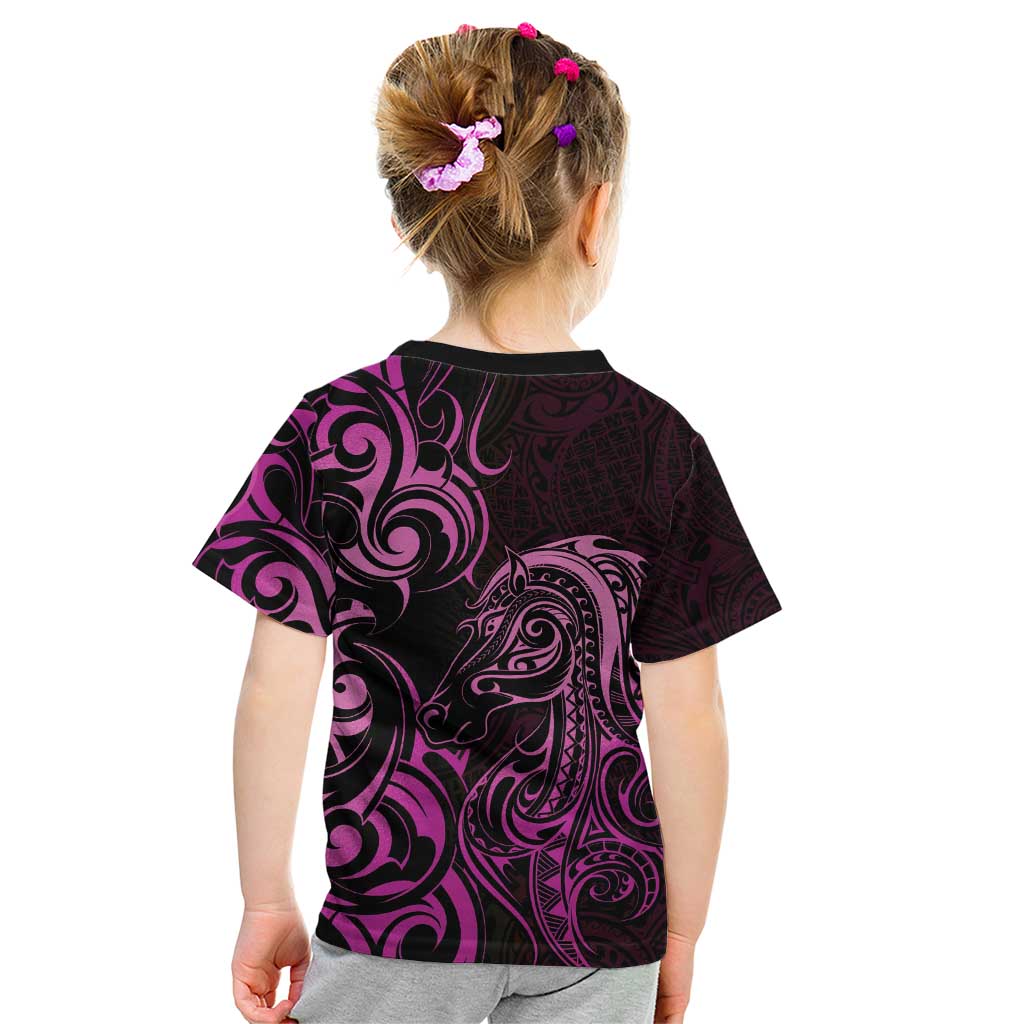 Pink Aoteara Horse Racing Kid T Shirt NZ Maori Pattern - Vibe Hoodie Shop