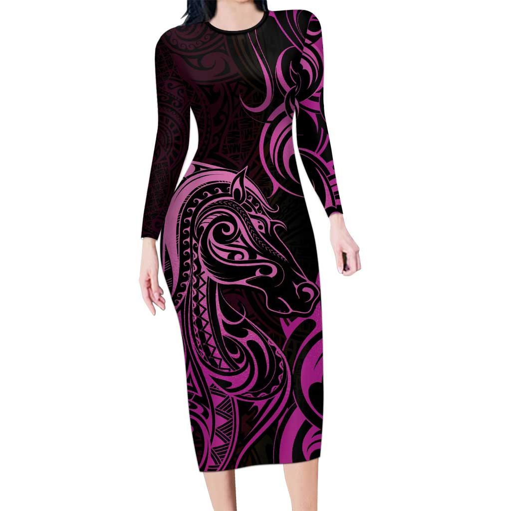 Pink Aoteara Horse Racing Long Sleeve Bodycon Dress NZ Maori Pattern