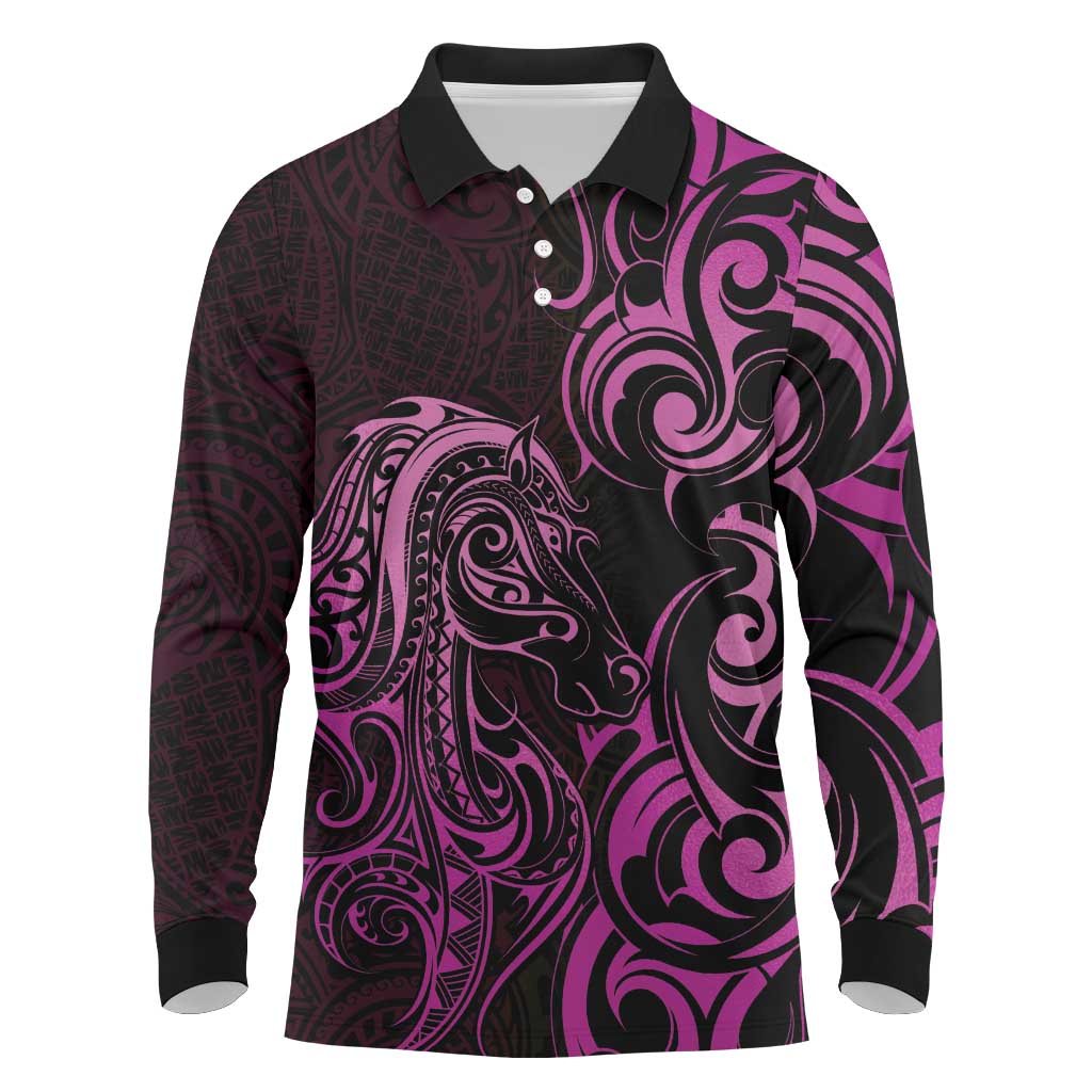 Pink Aoteara Horse Racing Long Sleeve Polo Shirt NZ Maori Pattern