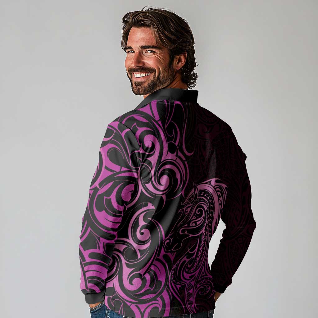 Pink Aoteara Horse Racing Long Sleeve Polo Shirt NZ Maori Pattern