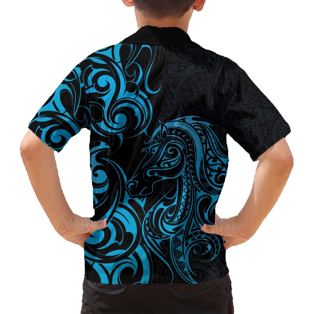 Blue Aoteara Horse Racing Family Matching Long Sleeve Bodycon Dress and Hawaiian Shirt NZ Maori Pattern