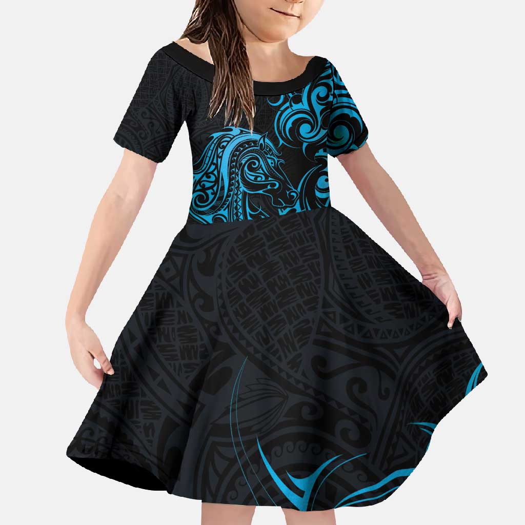 Blue Aoteara Horse Racing Family Matching Long Sleeve Bodycon Dress and Hawaiian Shirt NZ Maori Pattern