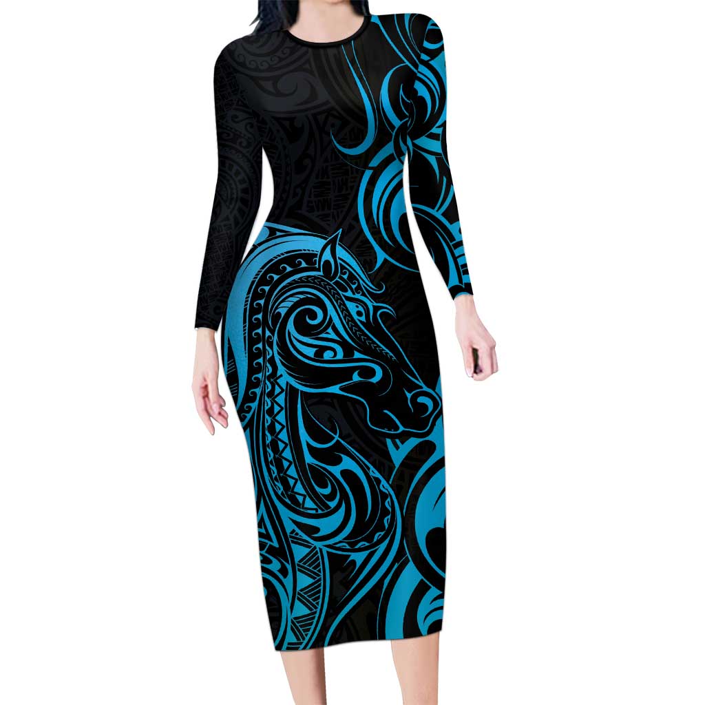 Blue Aoteara Horse Racing Family Matching Long Sleeve Bodycon Dress and Hawaiian Shirt NZ Maori Pattern