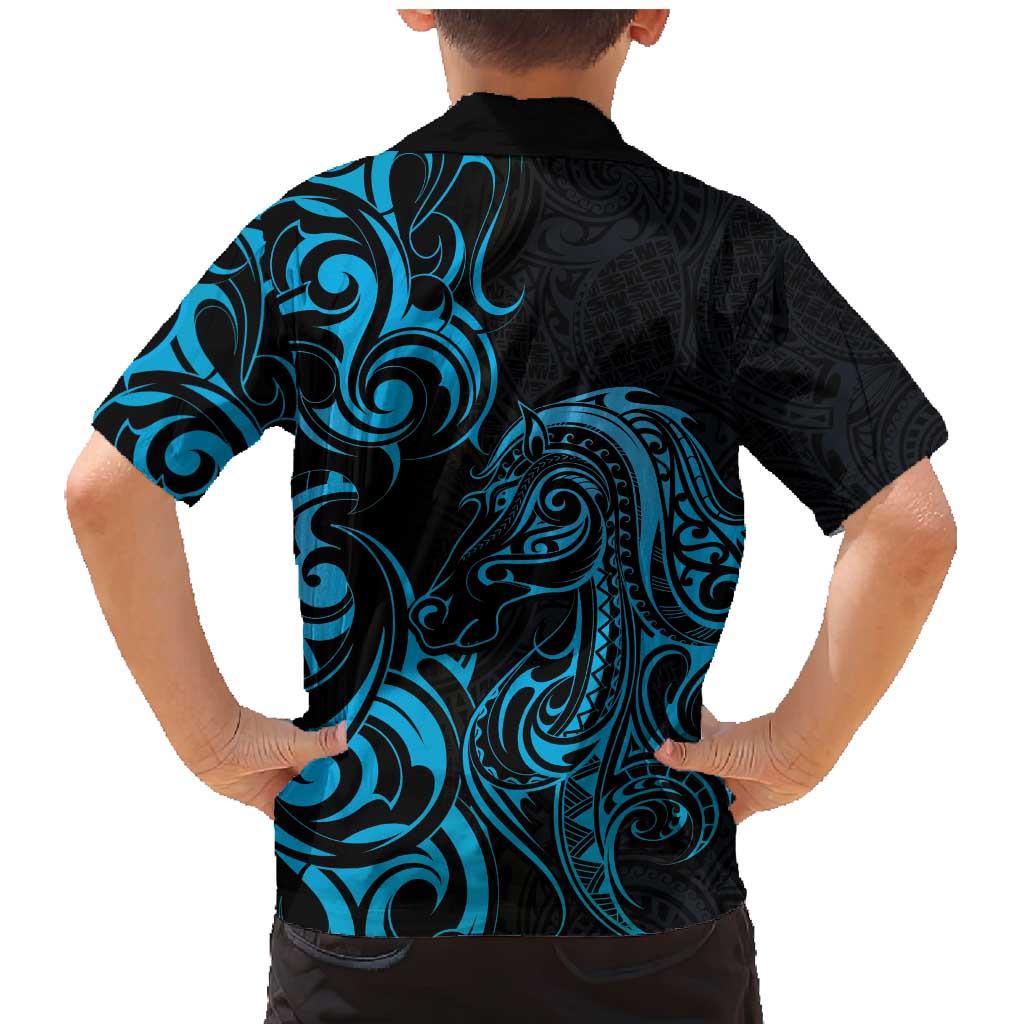 Blue Aoteara Horse Racing Family Matching Mermaid Dress and Hawaiian Shirt NZ Maori Pattern