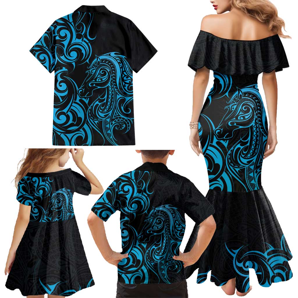 Blue Aoteara Horse Racing Family Matching Mermaid Dress and Hawaiian Shirt NZ Maori Pattern