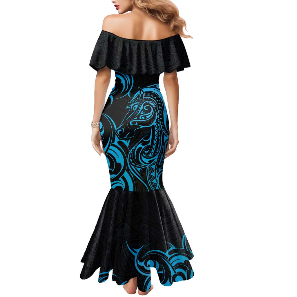 Blue Aoteara Horse Racing Family Matching Mermaid Dress and Hawaiian Shirt NZ Maori Pattern